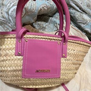 Jacquemus Pink Straw Basket Tote with Pink Leather Trim